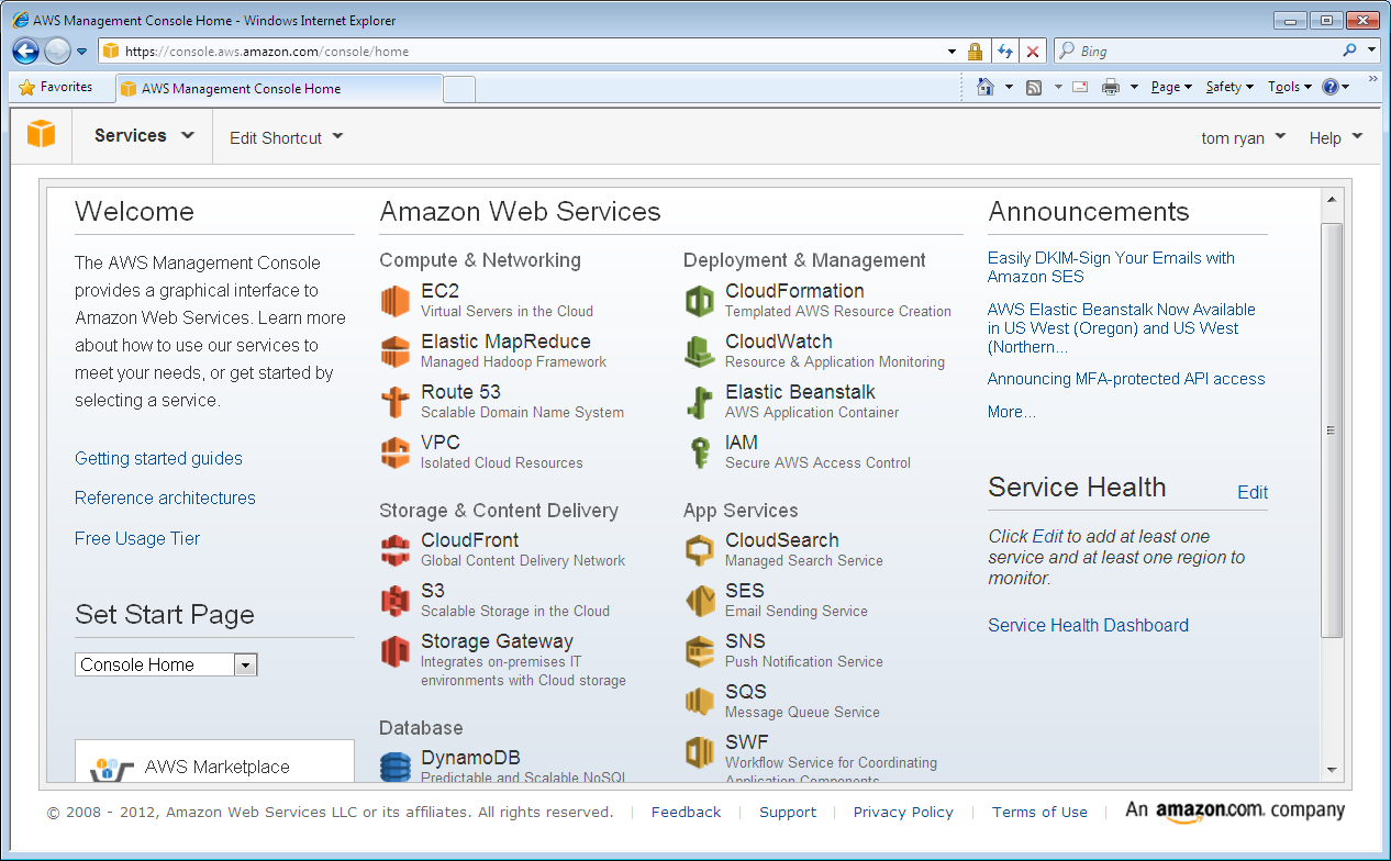 AWS Management Console home page